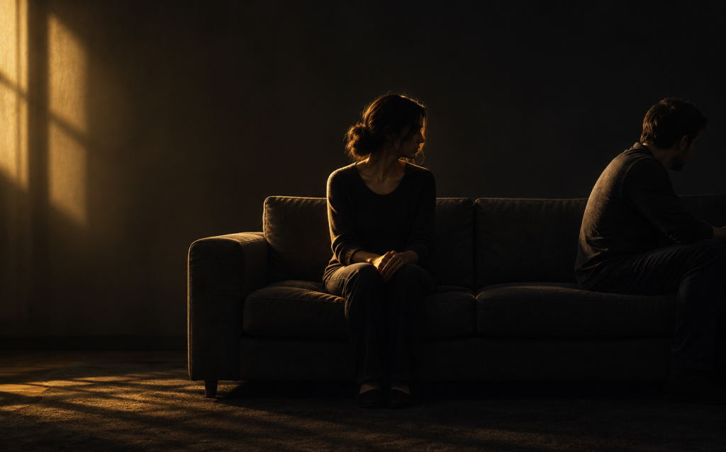 Woman sitting alone on a couch in warm light while a man sits distant and turned away, symbolizing abandonment during narcissistic abuse