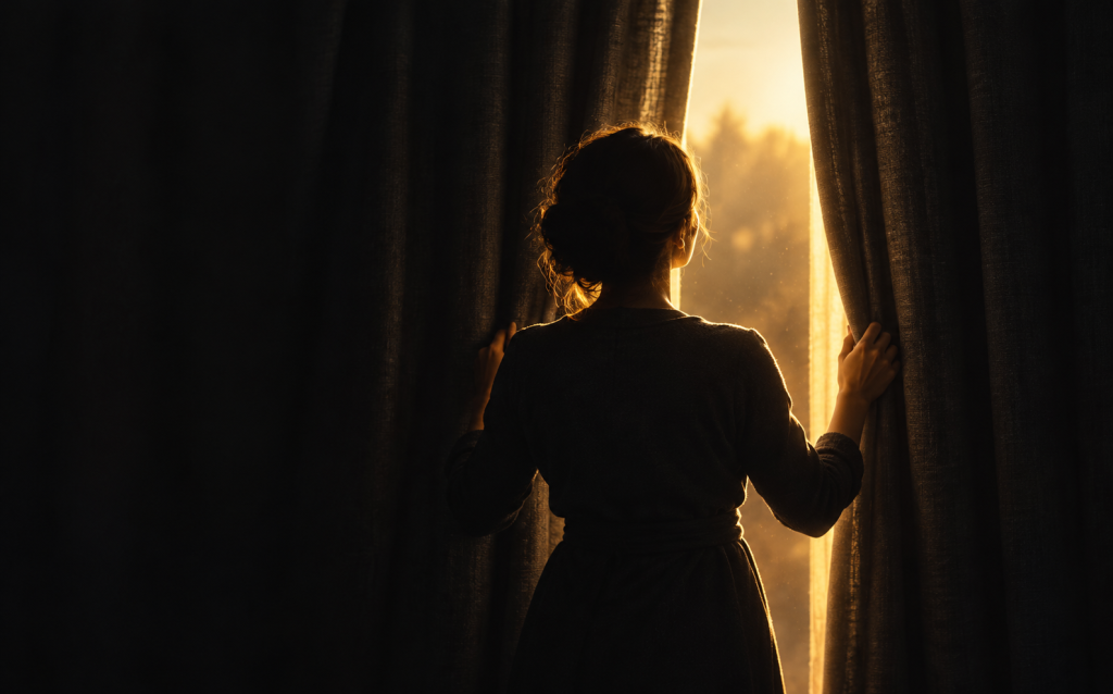 Woman from behind opening dark curtains to reveal warm sunrise light, symbolizing awakening after surviving narcissistic abuse