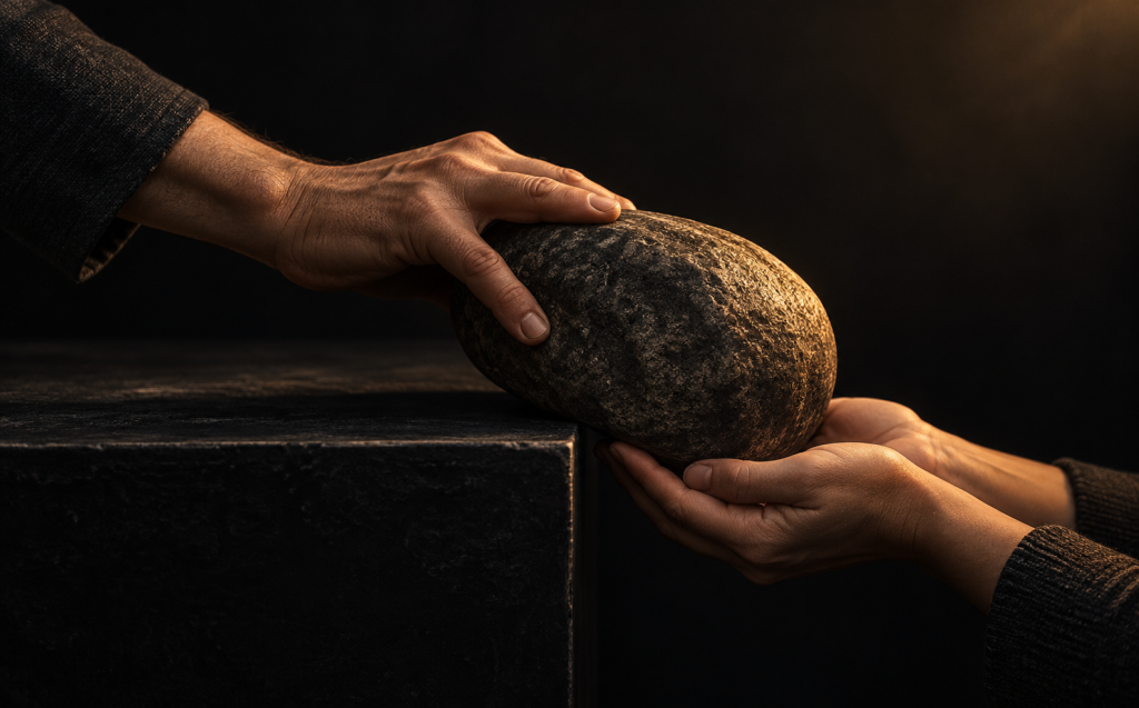 One hand passing a heavy stone into another person's waiting hands, symbolizing the blame shifting associated with narcissistic abuse