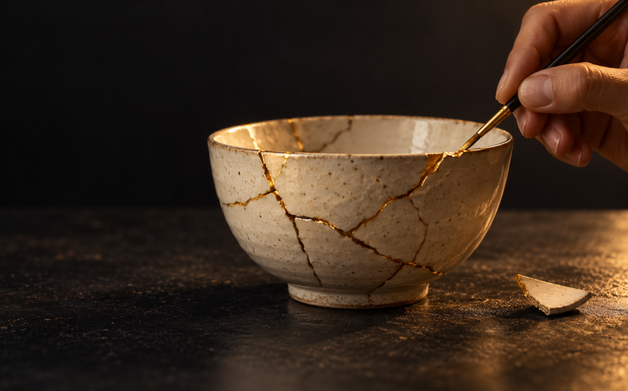 Kintsugi-inspired artwork symbolizing breaking the cycle of narcissism through patient, gradual healing, like gold seams repairing broken pottery, representing emotional intelligence and healthy relationships