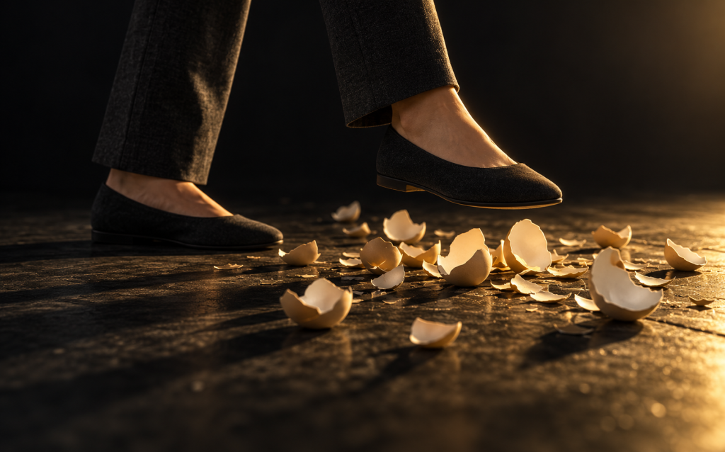 A foot stepping over broken eggshells scattered on the floor, symbolizing the devaluation phase of narcissistic abuse