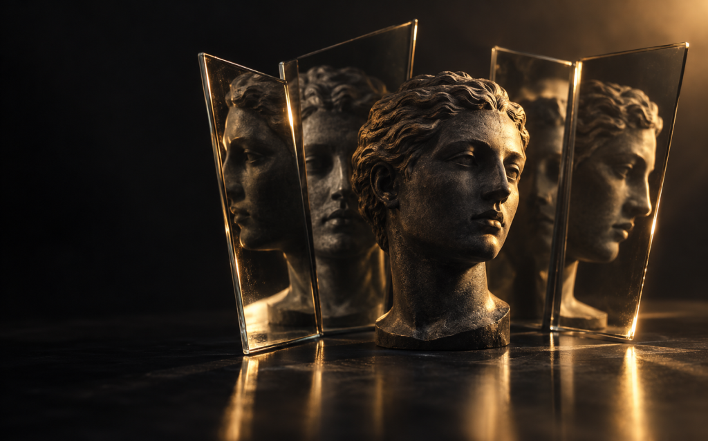 Bronze bust surrounded by angled glass panels reflecting multiple profile views, representing the different types of narcissism