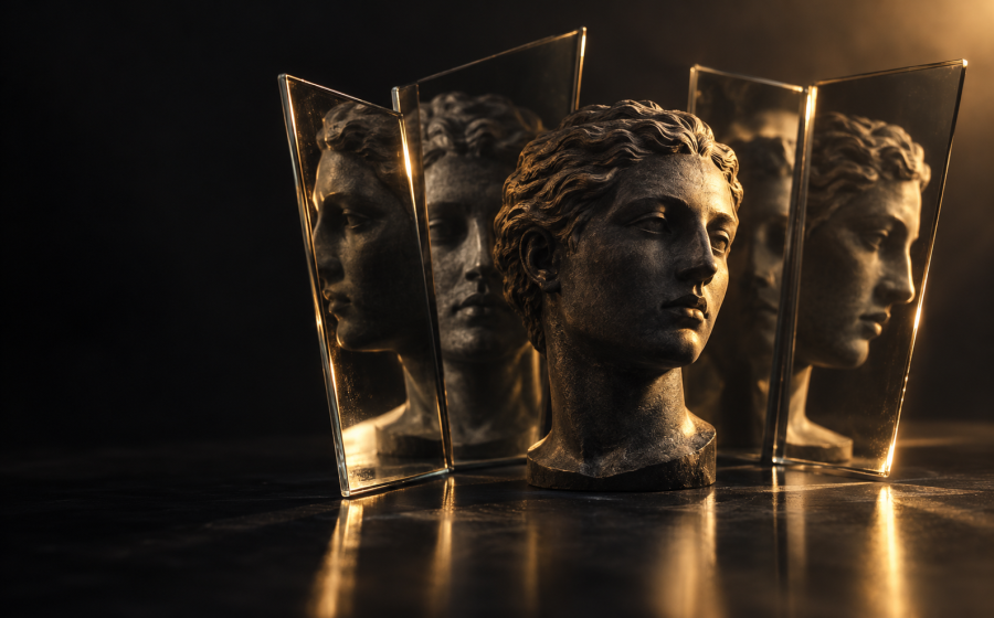 Bronze bust surrounded by angled glass panels reflecting multiple profile views, representing the different types of narcissism
