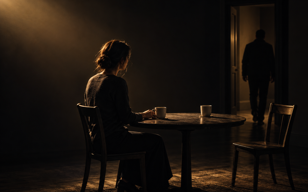 A woman sitting alone at a table with two coffee cups as a man walks away through a doorway, symbolizing the discard phase of narcissistic abuse