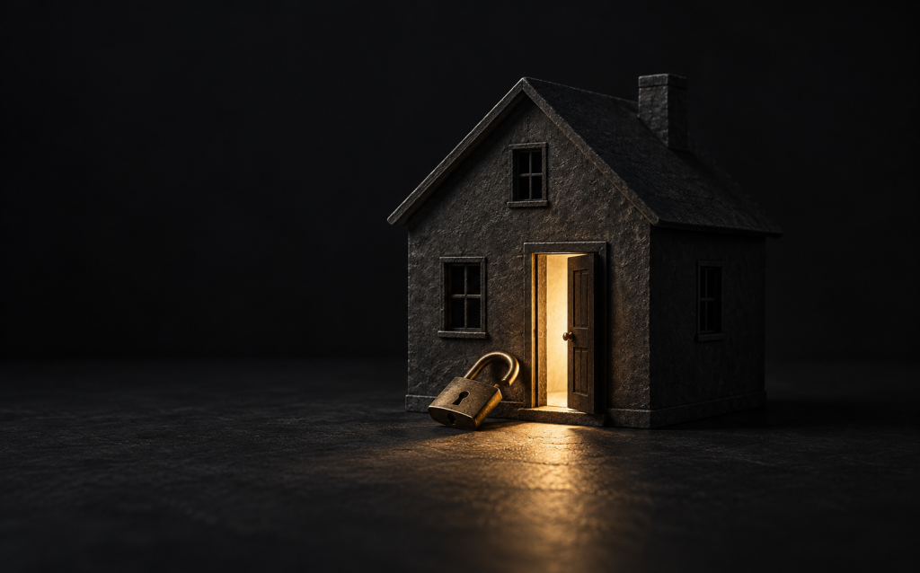 Small dark house model with one lit open door and an unlocked padlock, symbolizing domestic violence and narcissistic abuse
