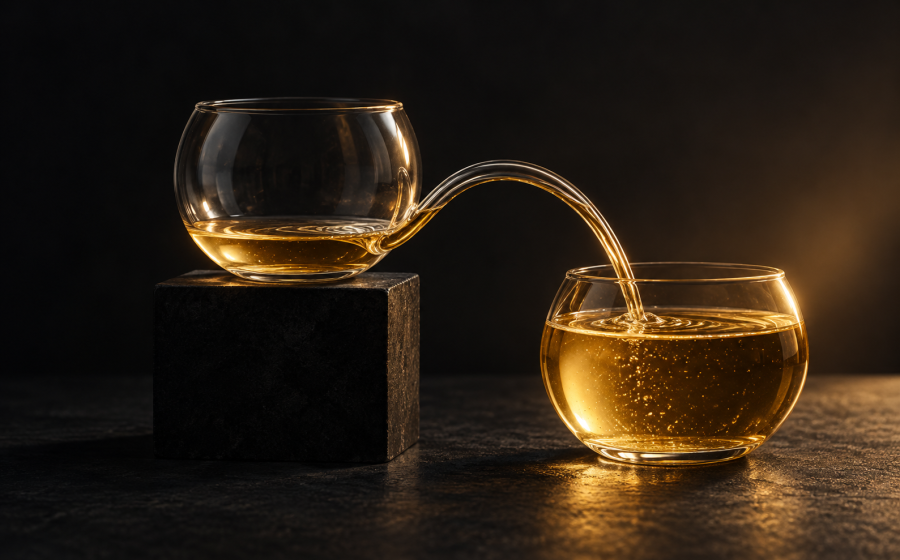 Two connected glass bowls with one pouring its golden contents into the other, symbolizing exploitation with narcissistic abuse
