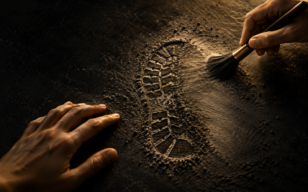 A hand staging and brushing a fabricated footprint into dirt, symbolizing the gaslighting associated with narcissistic abuse