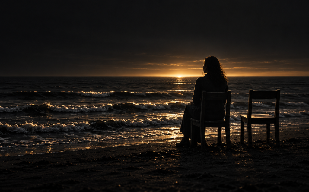 Woman sitting alone in two beach chairs at sunset with one chair empty beside her, symbolizing grief during narcissistic abuse