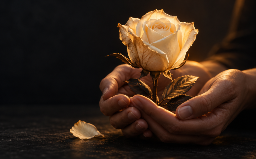Hands cradling a white rose that is blooming despite browned withering edges, symbolizing healing from narcissistic abuse