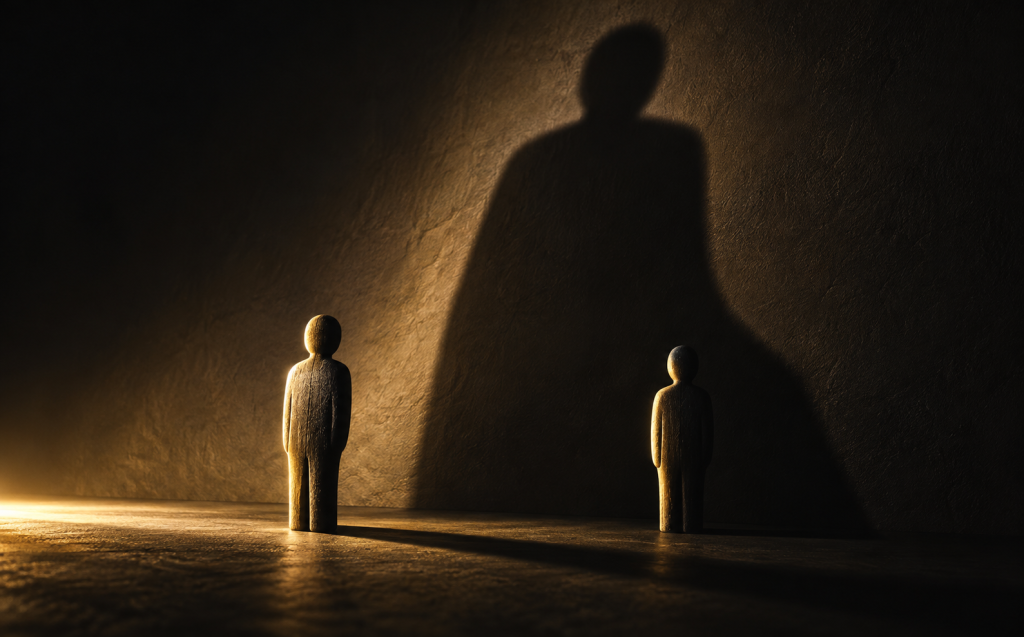 A small wooden figure casting an oversized imposing shadow on the wall, symbolizing an inflated sense of self-importance with narcissism