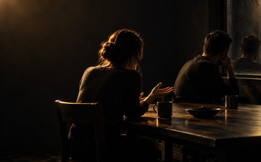 A man and woman seated at a table turned away from each other, symbolizing the lack of empathy associated with narcissistic abuse
