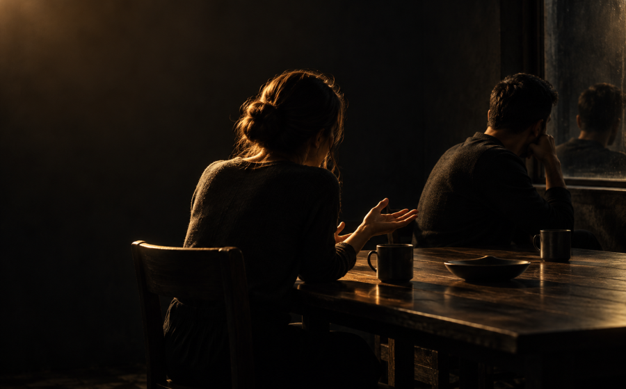 A man and woman seated at a table turned away from each other, symbolizing the lack of empathy associated with narcissistic abuse