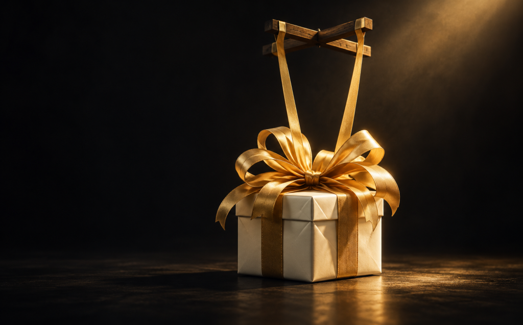 An elaborately gift-wrapped box suspended by gold ribbon from a wooden crossbar like a trap, symbolizing love bombing with narcissistic abuse