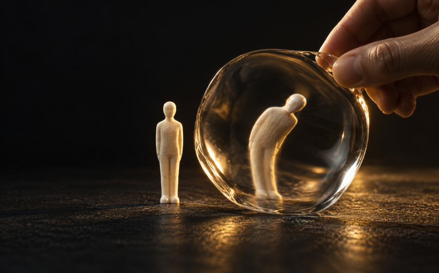 A small wooden figure trapped inside a glass bubble held by a hand from above, symbolizing the manipulation associated with narcissistic abuse