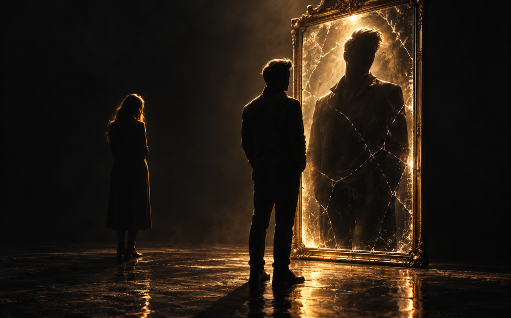 Narcissism and emotional intelligence concept art showing a shadowed figure behind a cracked mirror, symbolizing low empathy and emotional regulation struggles linked to narcissistic personality traits