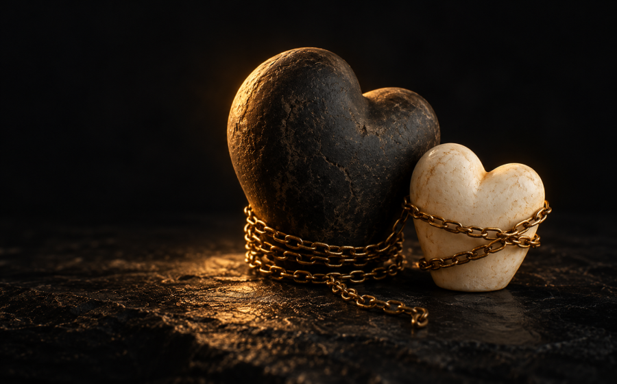 A large dark stone heart and a small pale stone heart bound together by a gold chain, symbolizing narcissistic parents defined
