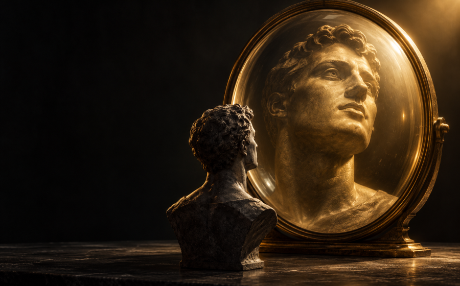 A small stone bust gazing up at its own idealized larger golden reflection in an ornate mirror, symbolizing narcissistic personality disorder explained