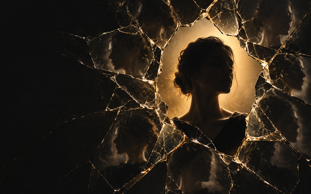 A woman's warmly lit face glowing through a hole in a shattered mirror surrounded by radiating duplicate reflections, symbolizing the psychological abuse associated with narcissistic abuse