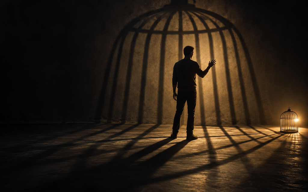 A man's shadow cast in the shape of a birdcage beside a real small lit birdcage, symbolizing the psychological control associated with narcissistic abuse