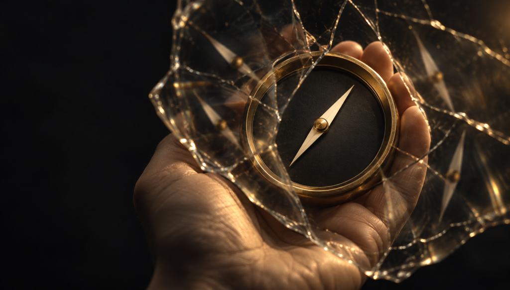 Hand holding a compass inside a cracked glass shell with its needle obscured, symbolizing self-doubt with narcissistic abuse