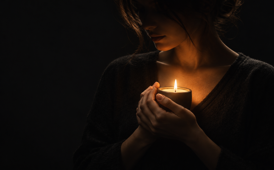 Woman holding a small glowing candle close to her chest, symbolizing self-worth while dealing with narcissistic abuse