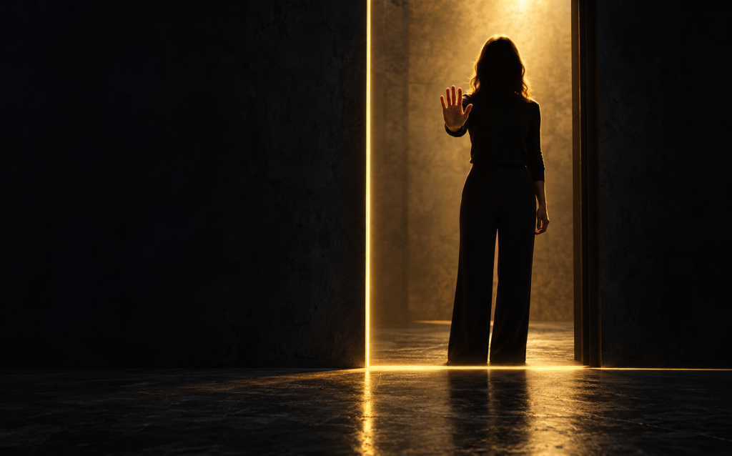 Woman standing in a lit doorway holding up her hand in a clear stop gesture, symbolizing setting boundaries with narcissistic abuse