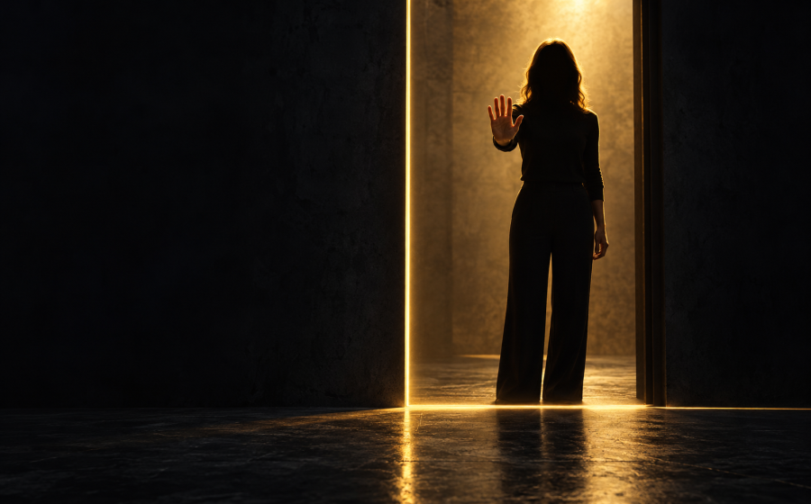 Woman standing in a lit doorway holding up her hand in a clear stop gesture, symbolizing setting boundaries with narcissistic abuse