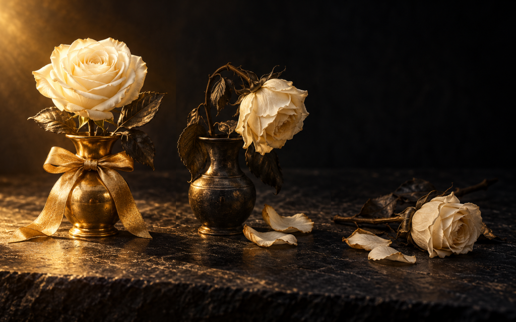 Three roses in different stages from fresh and gold-ribboned to wilting to fully withered, symbolizing the three phases of a narcissistic abusive relationship