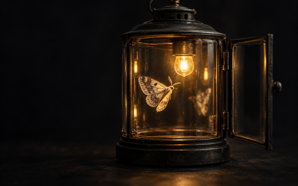 A moth drawn to a lit bulb inside an open lantern, symbolizing trauma bonding associated with narcissism