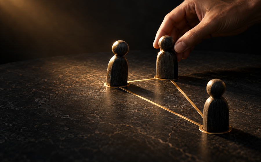 A hand placing a third wooden figure between two others connected by gold lines forming a triangle, symbolizing the triangulation associated with narcissistic abuse