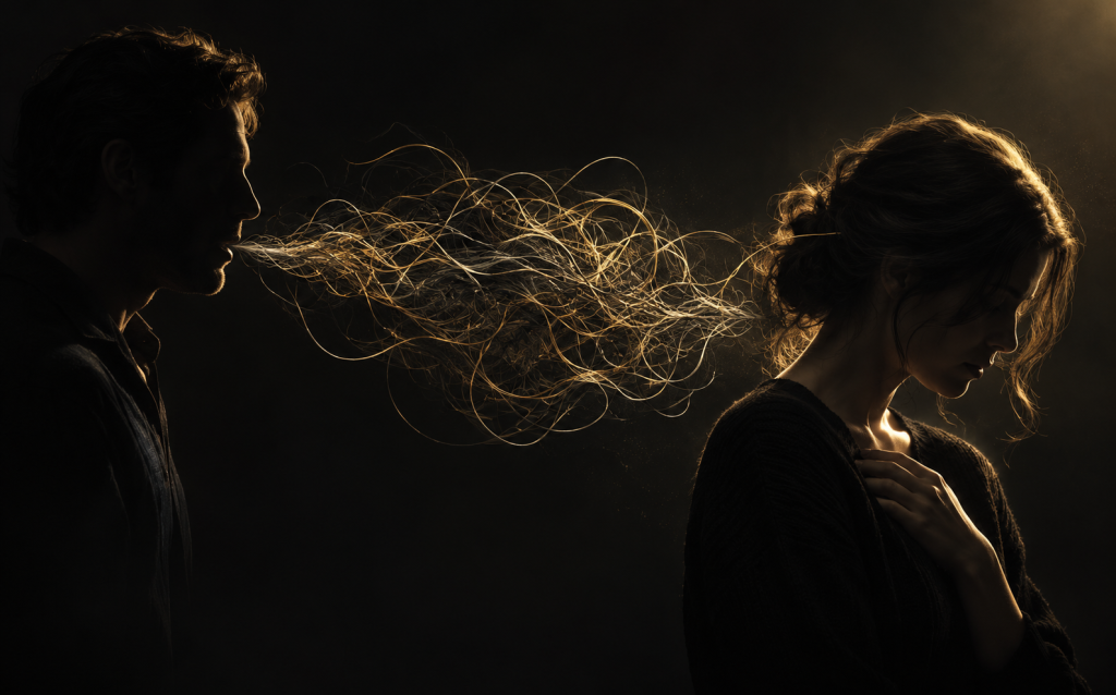 Harsh tangled golden lines spewing from a man's silhouette toward a woman turned away, symbolizing verbal abuse associated with narcissistic abuse