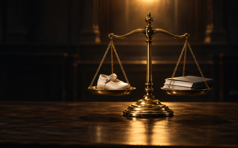 Symbolic image of a childs shoe balanced against legal documents, representing child custody cases involving a narcissist and the fight for a fair outcome in family court