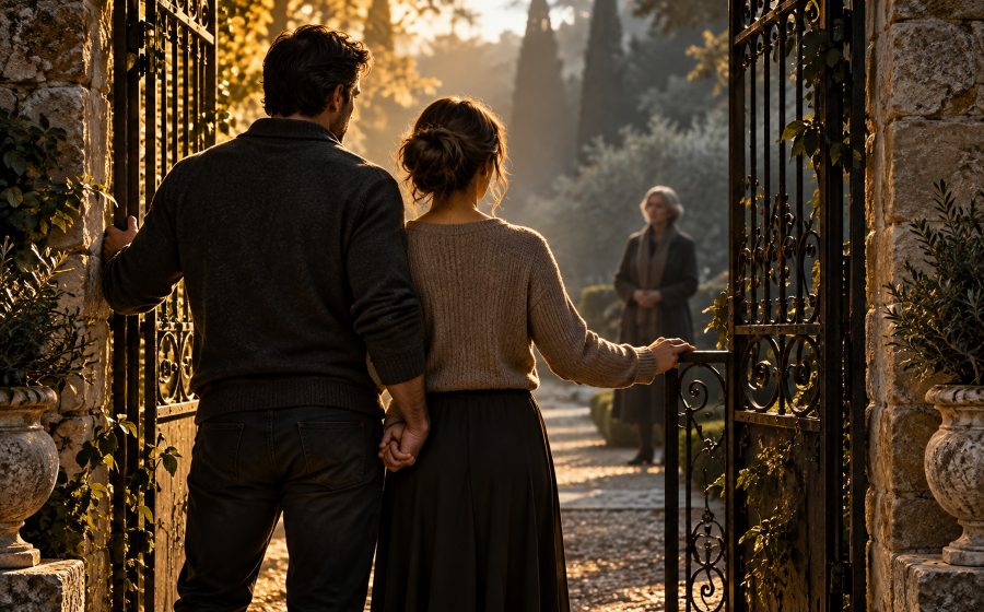 A couple holds hands at a garden gate, setting a shared boundary with a relative beyond it.