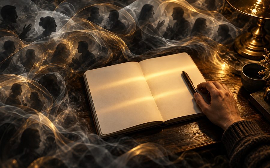 An open journal glows beneath a lamp as smoky echoes of confusing conversations swirl around it.