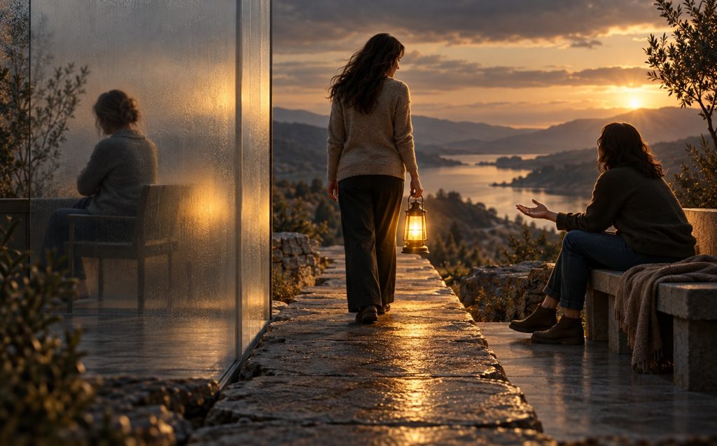A survivor carries a steady lantern while turning from a distant friend toward someone ready to listen.