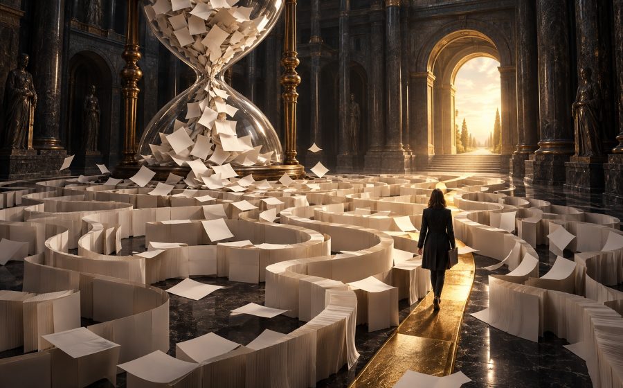 A person follows a golden path through a paperwork maze beneath a giant hourglass in a courthouse.