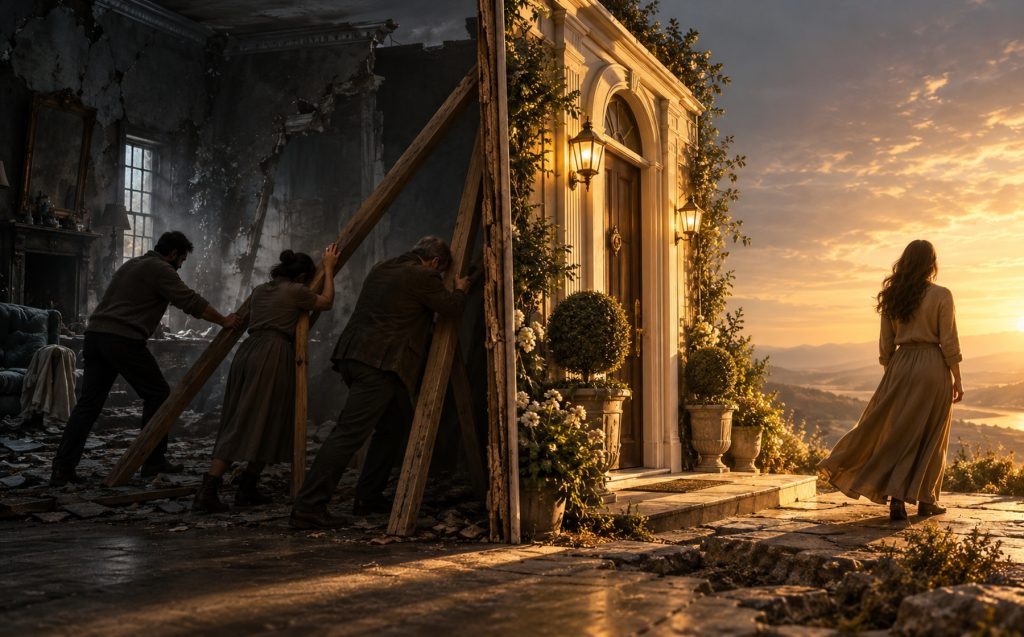 Adults brace a thin, respectable house facade while a survivor stands apart on solid ground.