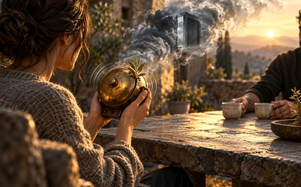 A person holds an old brass alarm bell as remembered storm clouds fade beside a calm new partner.