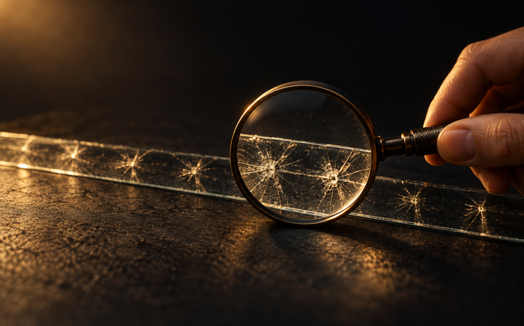 A hand holding a magnifying glass over a long strip of glass marked with repeated impact cracks, representing examining whether you're overreacting to a repeated relationship pattern