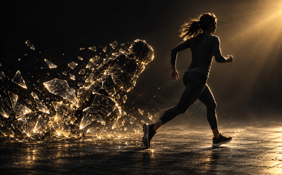 Silhouette of a woman running forward through warm golden light as a glowing glass figure shatters and disperses behind her, symbolizing safely releasing anger after abuse