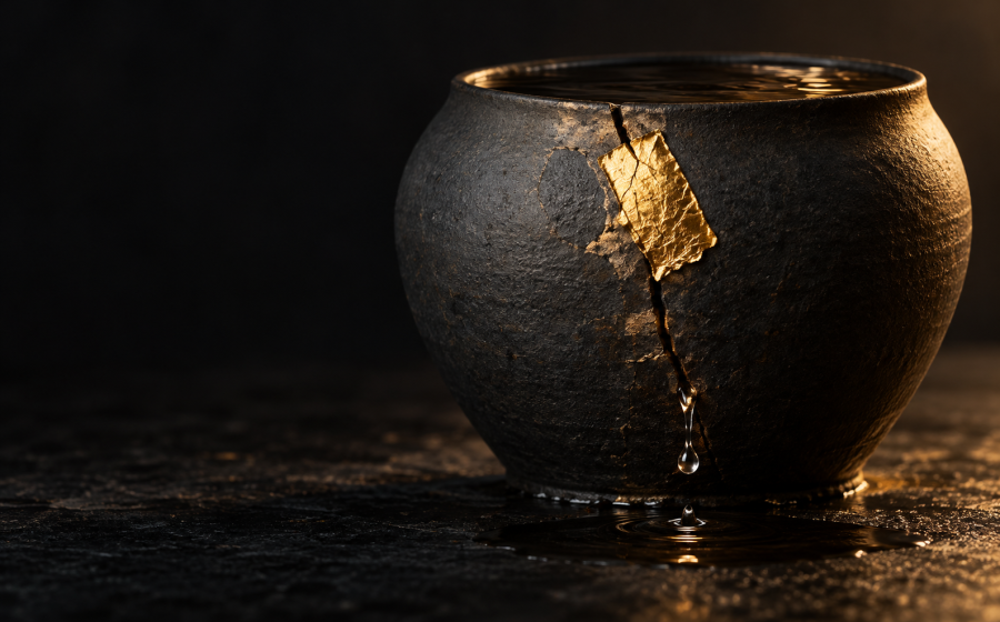 A cracked clay bowl with a gold kintsugi seam still leaking water through the break, representing apologies without change and what meaningful repair would actually involve