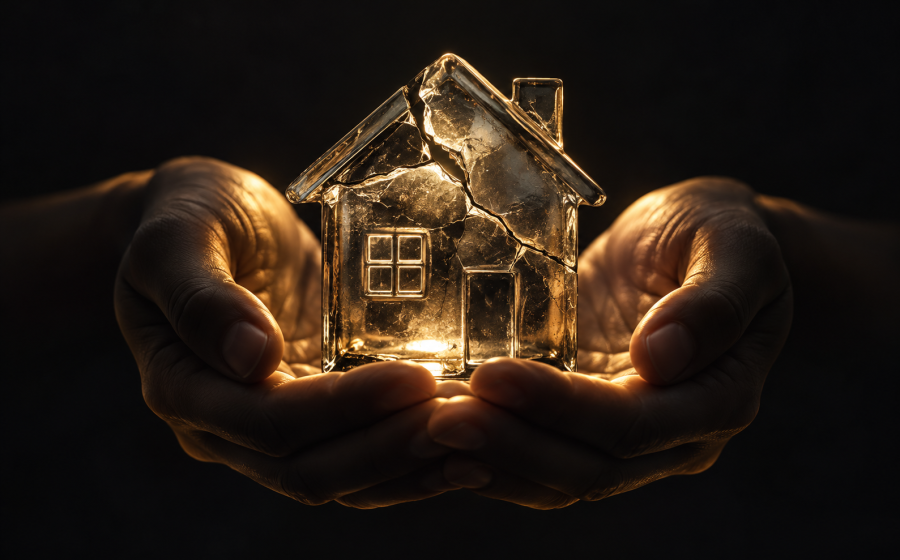 Two cupped hands gently holding a small glowing house with a cracked glass facade, representing the trust that breaks internally with betrayal trauma while the structure remains standing