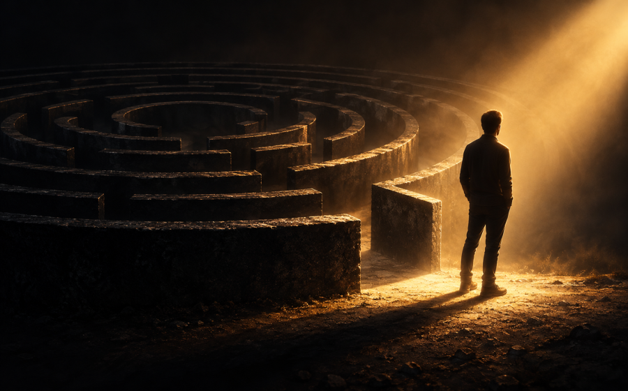 Silhouette of a person standing at the exit of a circular maze, facing a beam of light