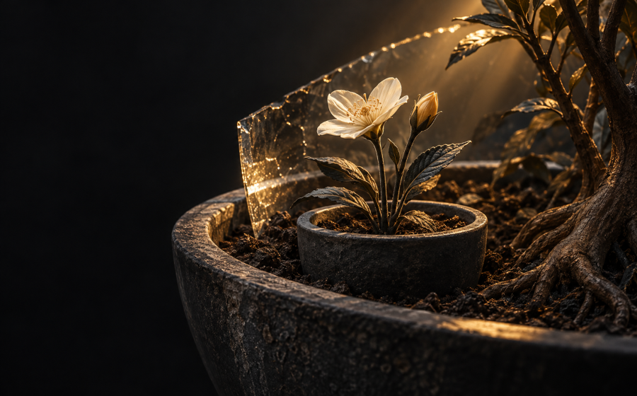 A small flowering plant growing in its own pot nested inside a larger pot beside a tree with tangled roots, lit by warm golden light, symbolizing a boundary taking root within a financially dependent relationship