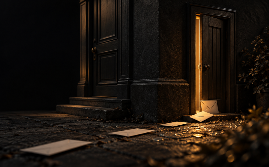 Envelopes scattered across a stone doorstep leading to a warmly lit doorway, representing messages passed along by relatives from an ex despite a boundary