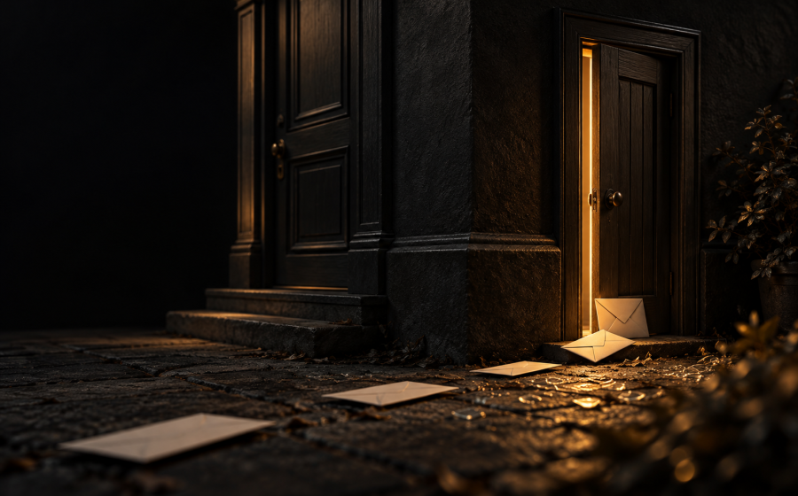 Envelopes scattered across a stone doorstep leading to a warmly lit doorway, representing messages passed along by relatives from an ex despite a boundary