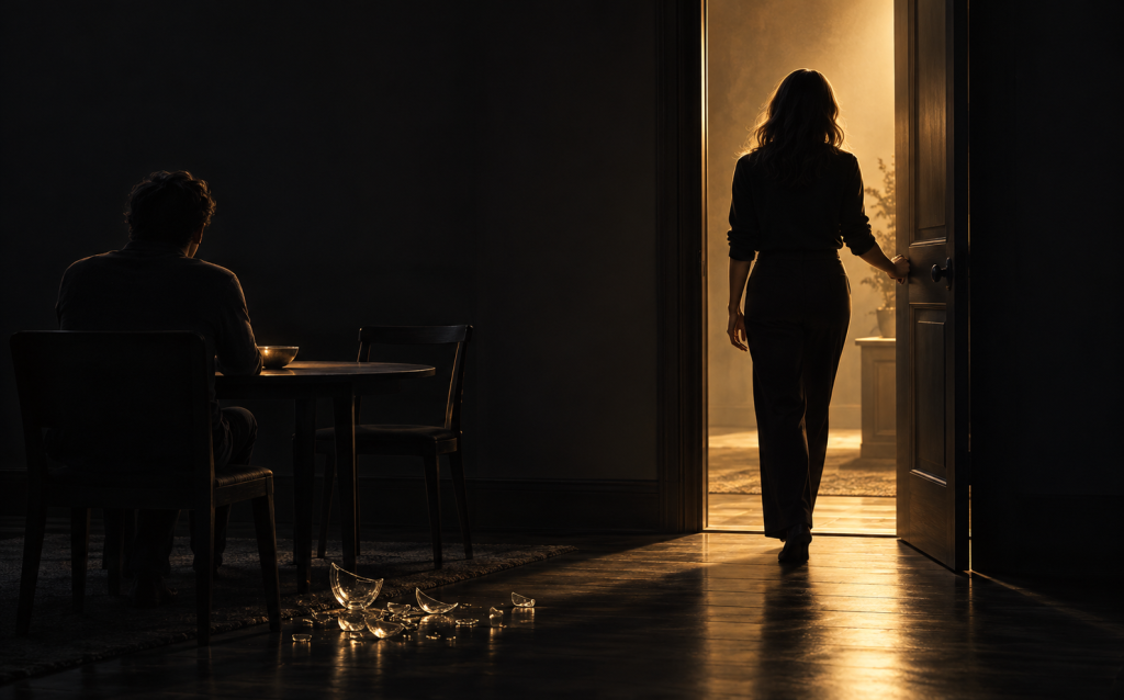 A man sitting alone at a table in a dark room while a woman walks out through a lit doorway, with broken glass on the floor, illustrating the difference between a boundary, a request, and an ultimatum in a relationship