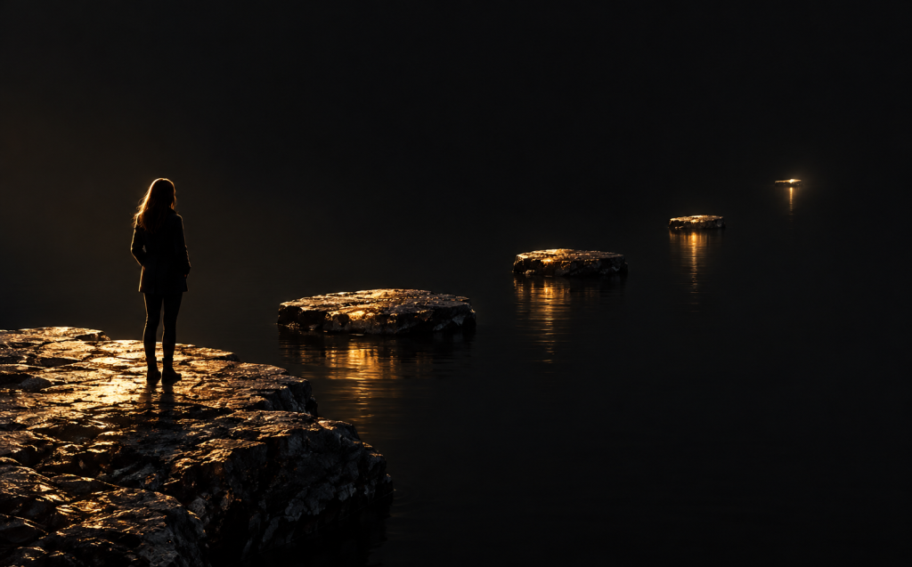 A woman standing on a dark rocky ledge looking out at a trail of dim, widely spaced stepping stones glowing faintly across black water, each one fainter and farther away than the last, representing breadcrumbing's shrinking scraps of hope