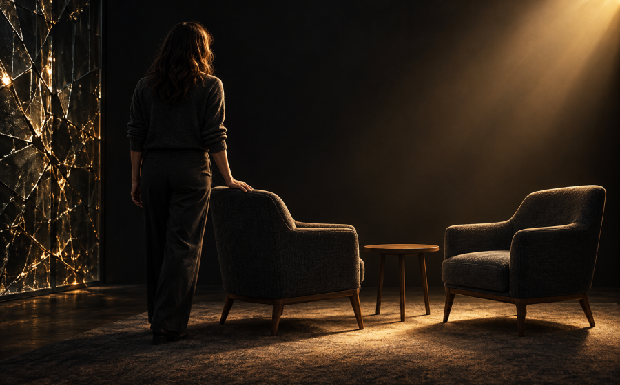 A woman standing near a cracked, light-filled mirrored wall beside two empty armchairs and a small table, representing the search for the right therapist after emotional abuse