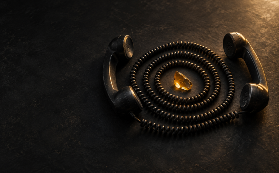 Two vintage telephone handsets connected by a cord coiled into a tight spiral around a glowing stone, representing circular arguments that loop endlessly without resolving anything